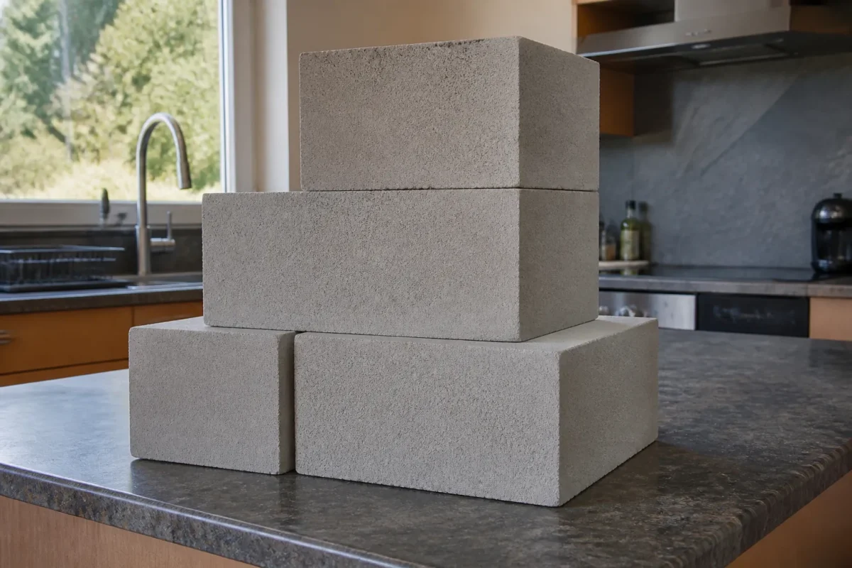 Bloc beton cellulaire empile sur plan de travail cuisine