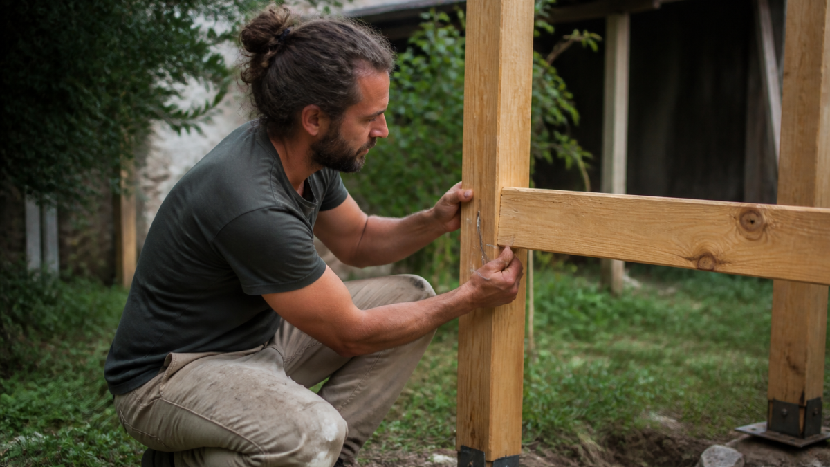 Homme assemblant poutres bois verticales structure jardin extérieur