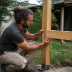 Homme assemblant poutres bois verticales structure jardin extérieur