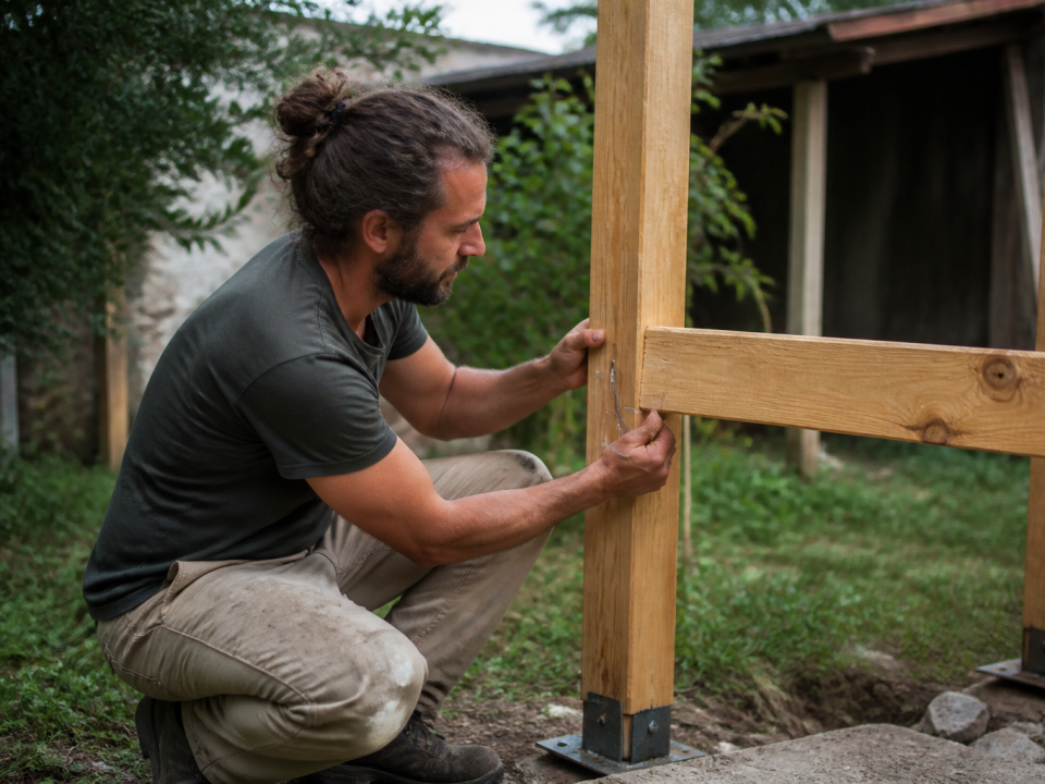 Homme assemblant poutres bois verticales structure jardin extérieur