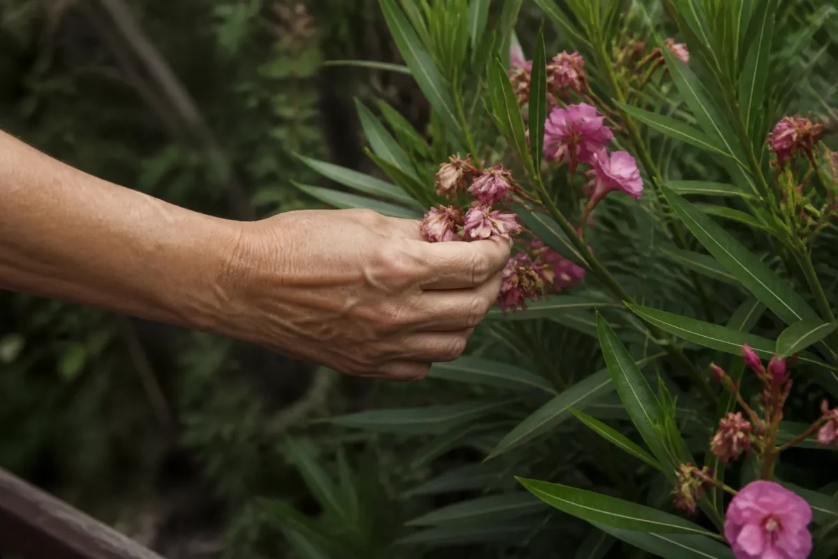 Main retirant fleurs fanees roses du laurier-rose