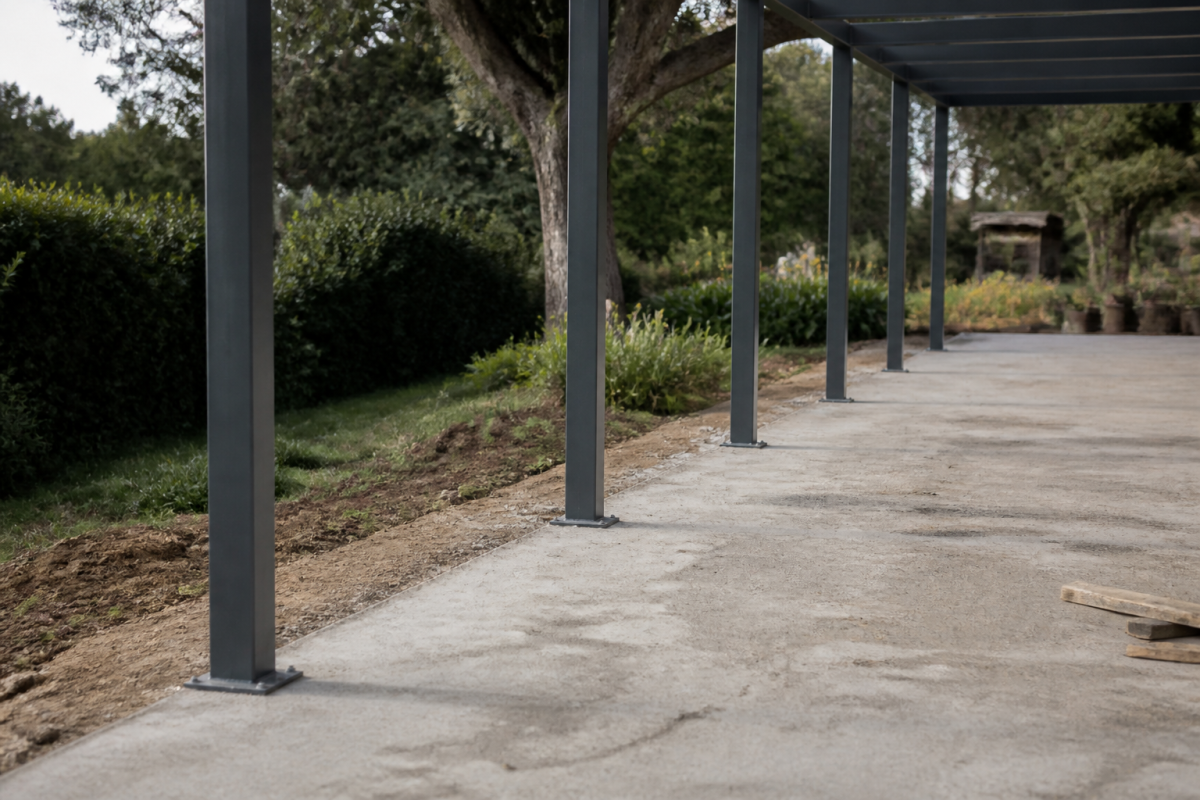 Fondations beton pergola avec poteaux alignes au sol
