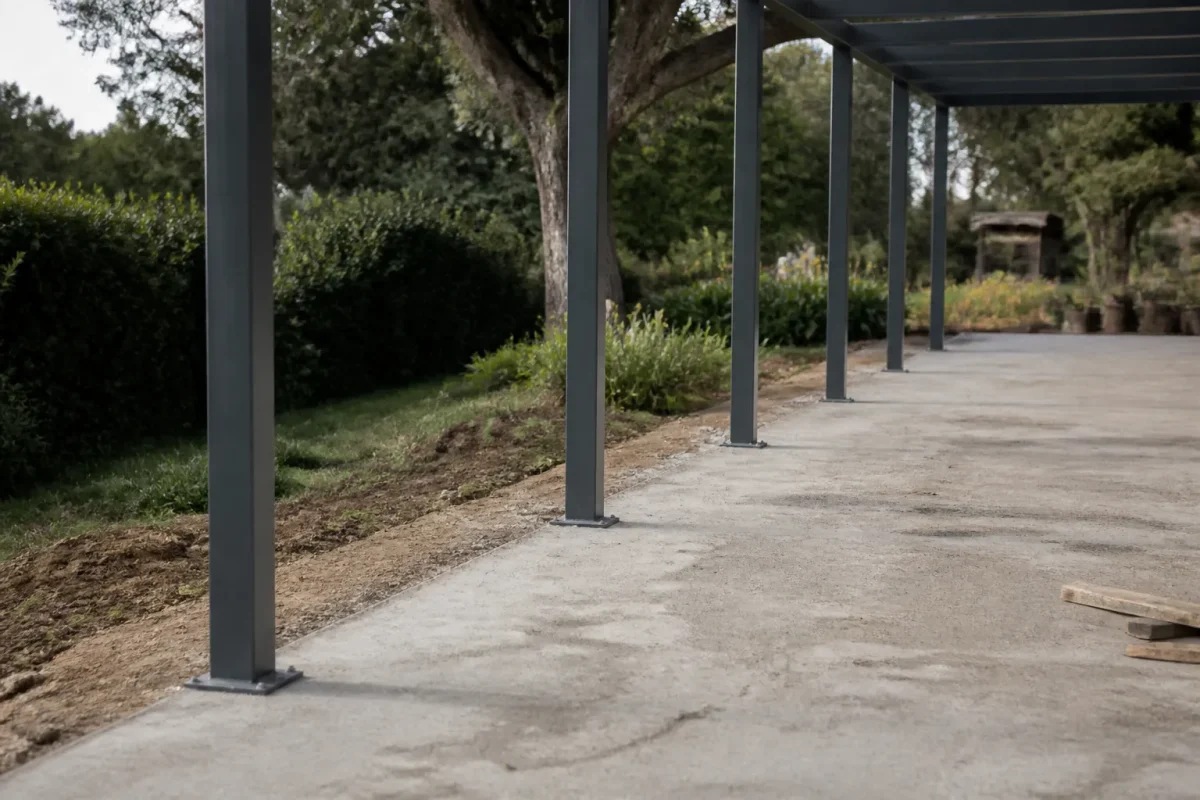 Fondations beton pergola avec poteaux alignes au sol