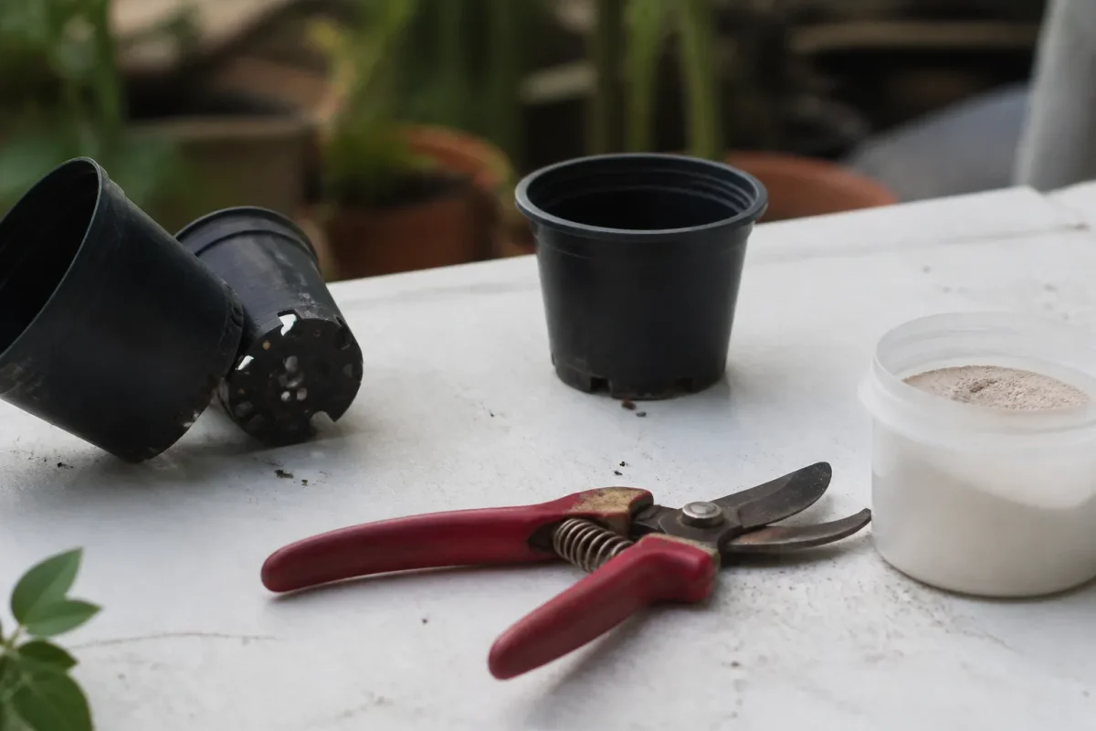 Sécateur, pots troués et poudre de bouturage sur table blanche