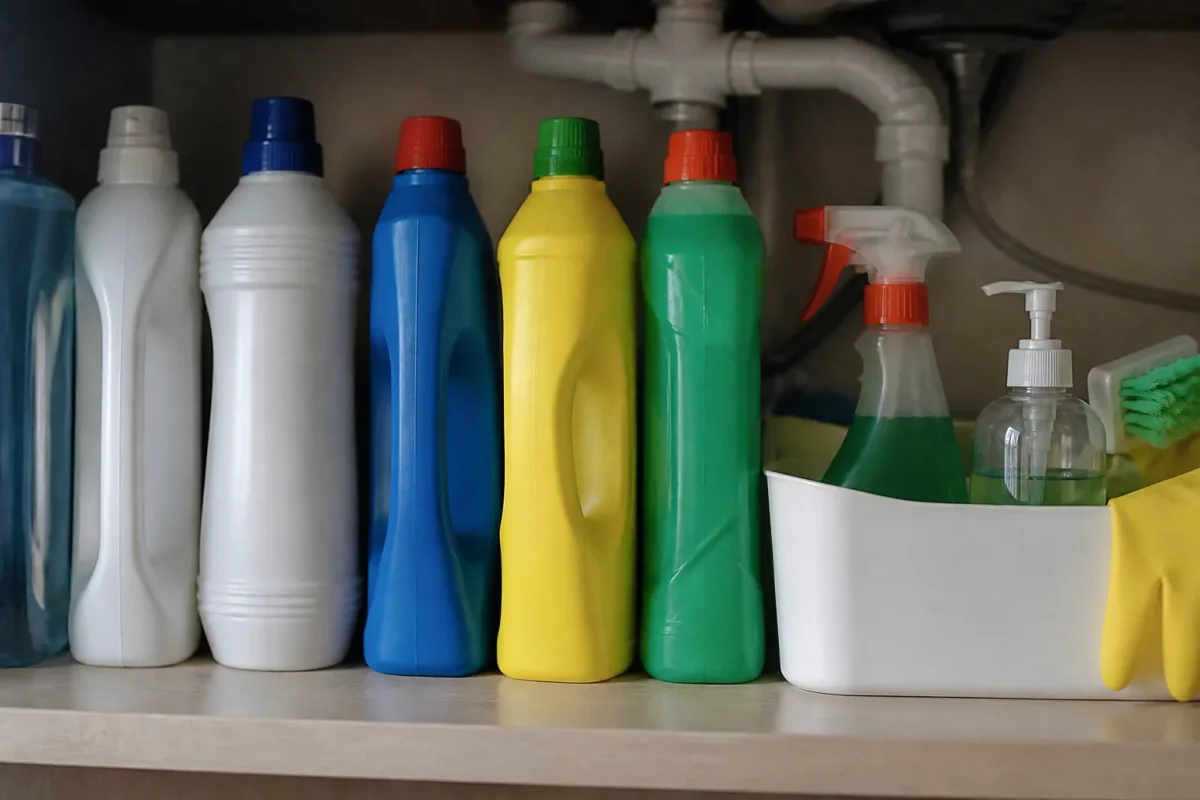 Produits de nettoyage alignes dans un ordre logique