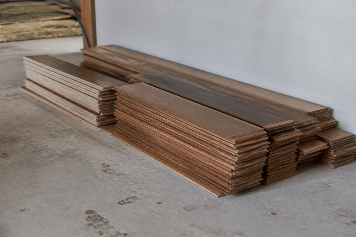 Paquets de lames bois empilees au sol avant installation