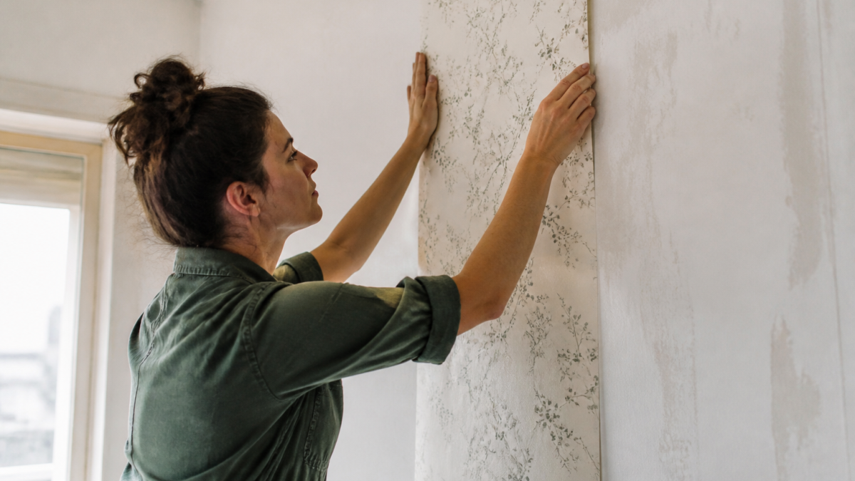 Personne collant feuille de papier peint sur mur blanc verticalement