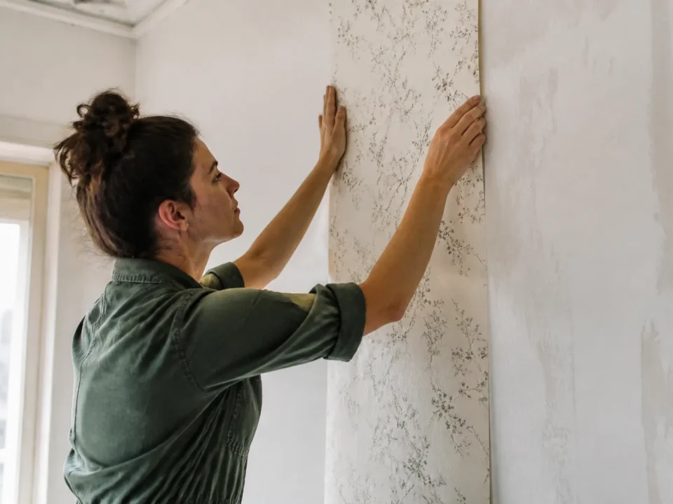 Personne collant feuille de papier peint sur mur blanc verticalement