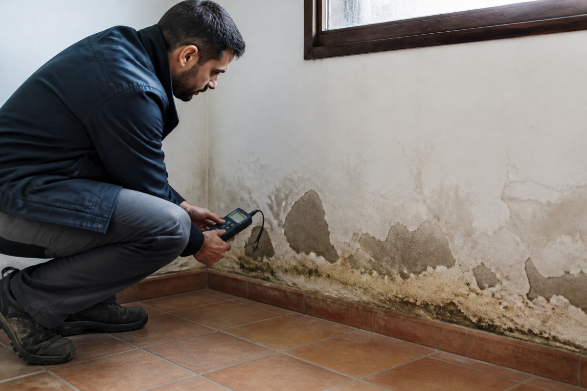 Technicien inspectant mur humide avec equipement professionnel