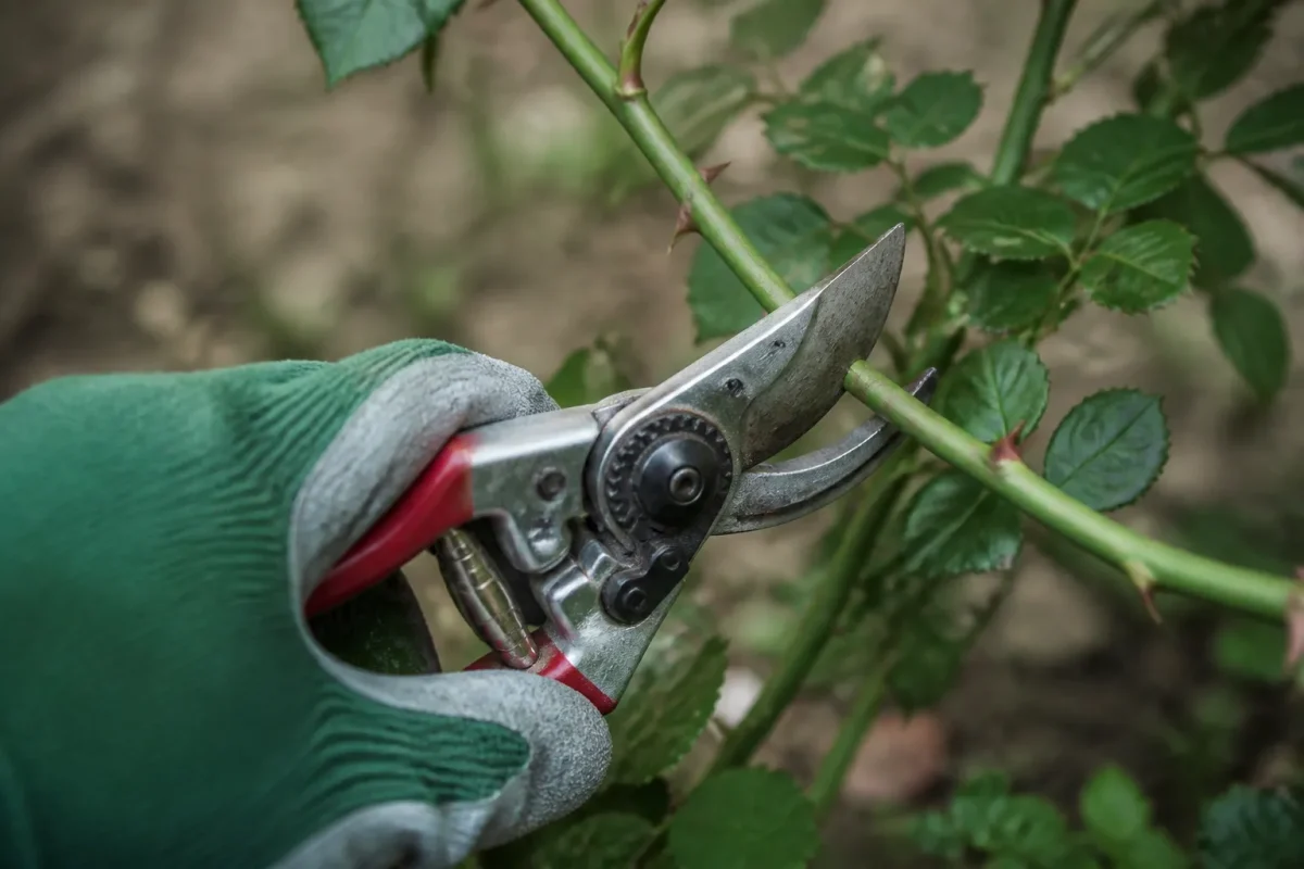 Secateur affute coupant branche rose verte gantee