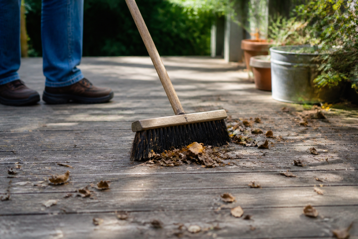 Balai retirant feuilles et debris d'une terrasse en bois