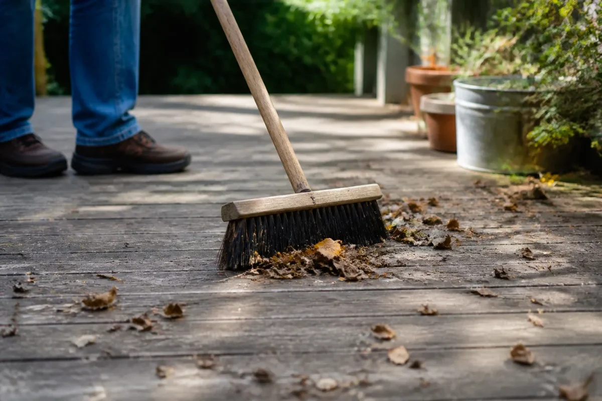 Balai retirant feuilles et debris d'une terrasse en bois