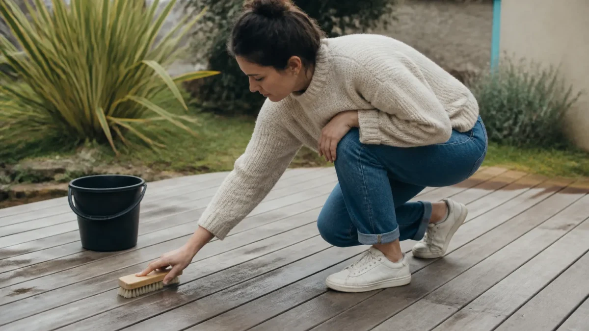 Personne accroupie recourant terrasse bois avec brosse