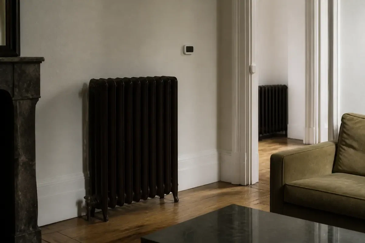 Radiateurs en fonte dans un salon avec thermostat mural